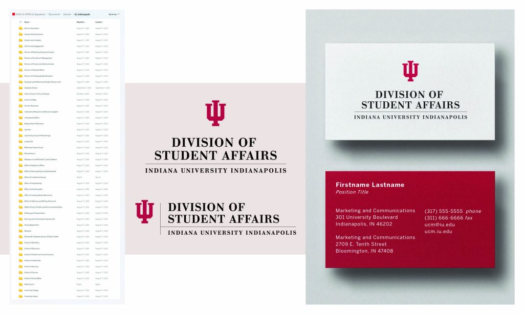 Screenshot of folder structure, example of a centered vertical and left aligned horizontal signature, then the front and back of a sample business card.