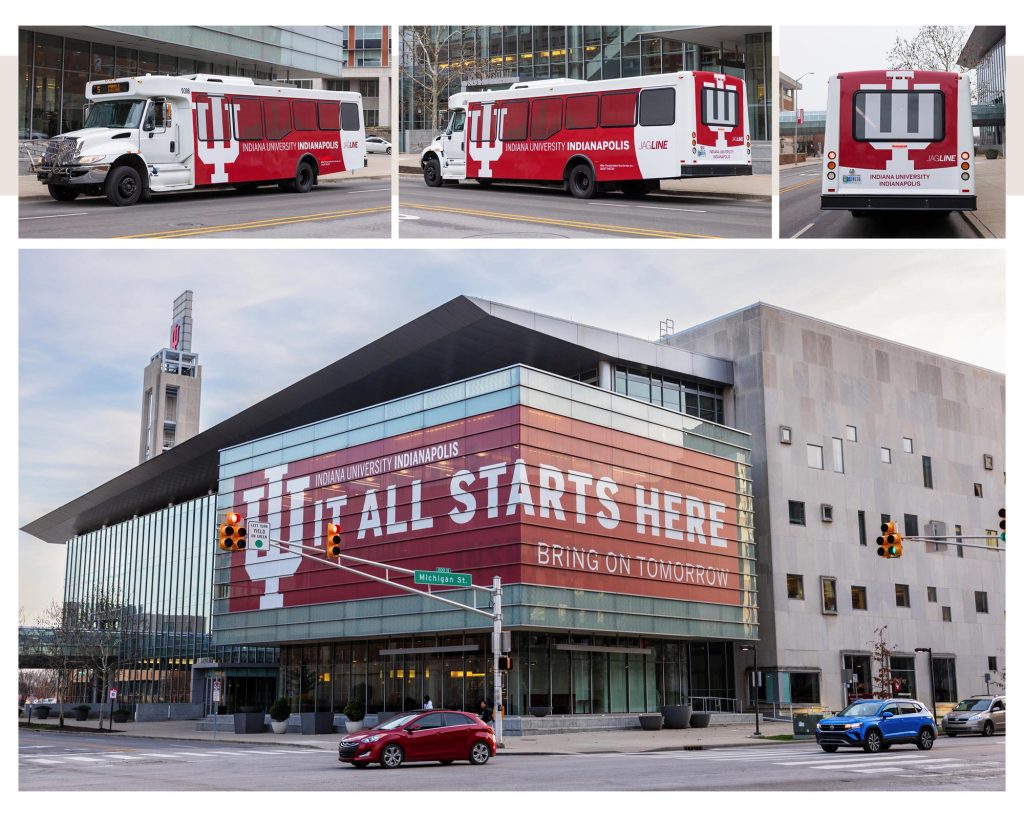 View of campus shuttle buses from various angles, wrapped in IU red designs. View of the glass corner of the Campus Center with red window perf reading It All Starts Here.