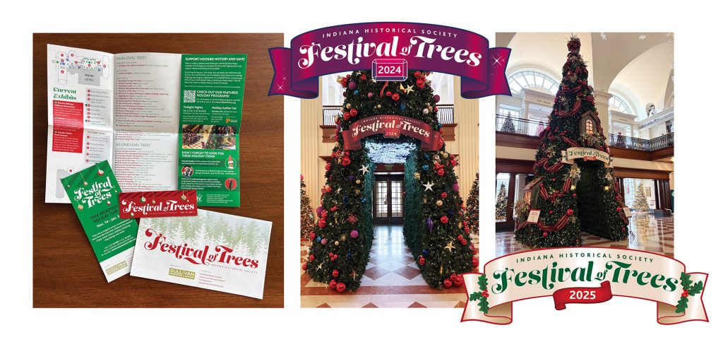 A display of Festival of Trees handouts including a ticket, rack card, and folded and unfolded program, plus a large walk-through tree display with corresponding tree ribbon sign for two separate years.
