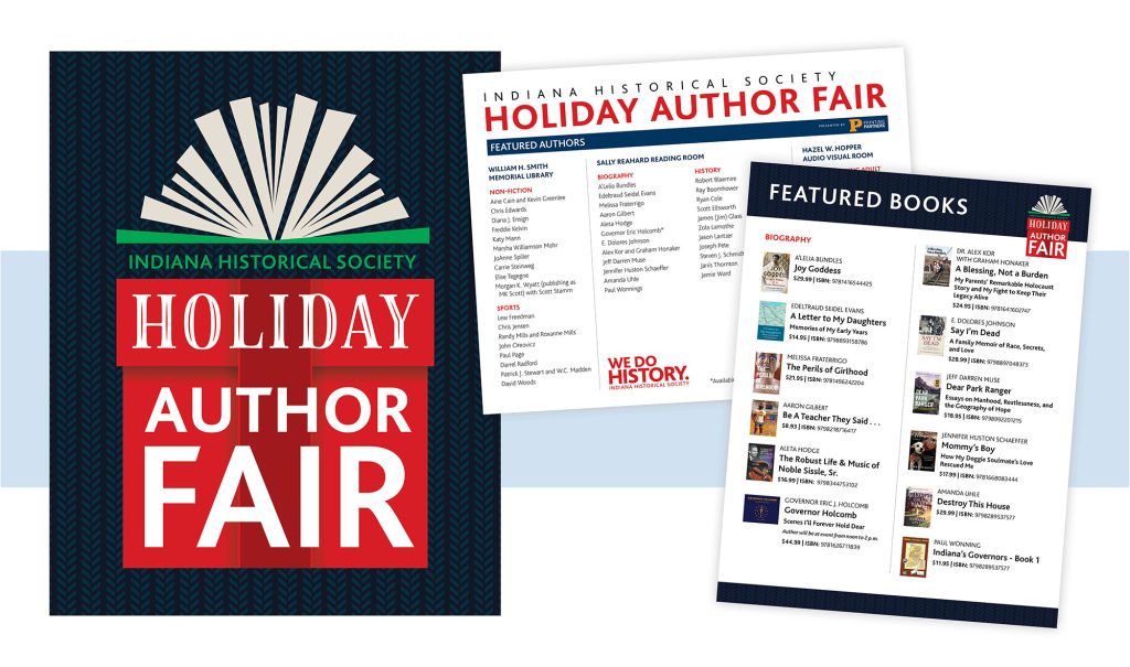 Holiday Author Fair logo of a book on a yard-inspired background, paired with handouts for featured authors and featured books for the event.