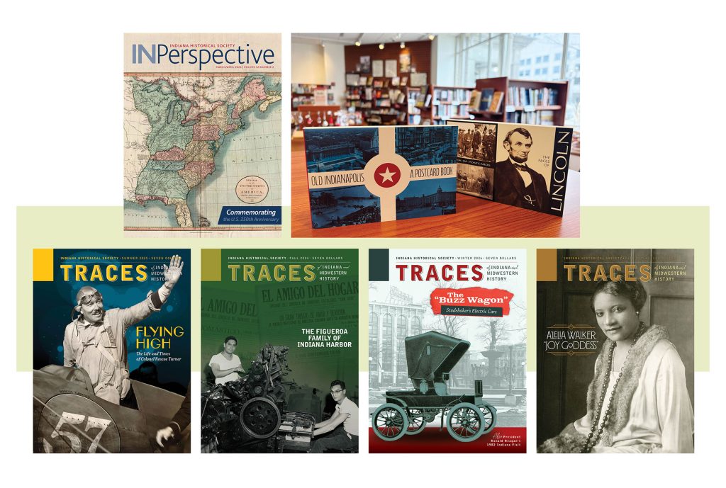 Four covers of Traces magazine, one cover of INPerspective magazine, and two postcard books on display on a table.