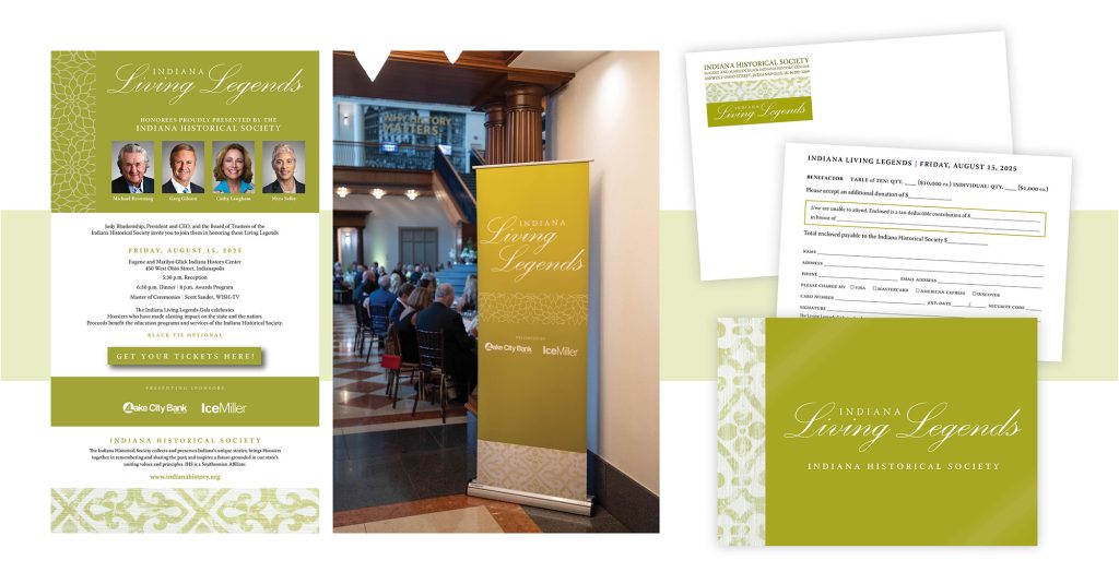 An evite, pull-up banner, and mailed invite with RSVP card for the Living Legends event.